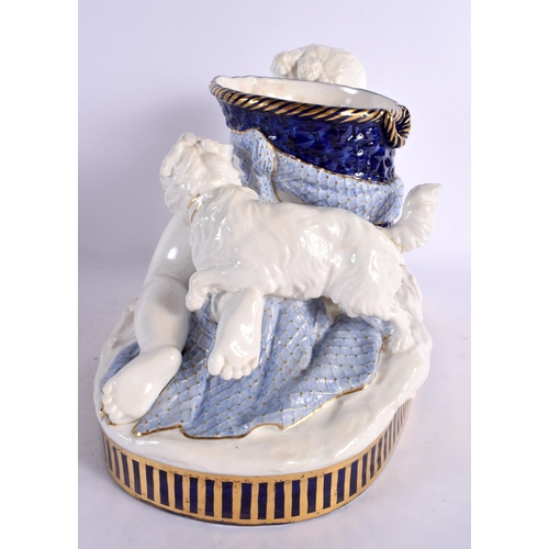 103 - A LARGE 19TH CENTURY ENGLISH PORCELAIN FIGURAL VASE modelled as a putti beside a hound. 30 cm x 23 c... 