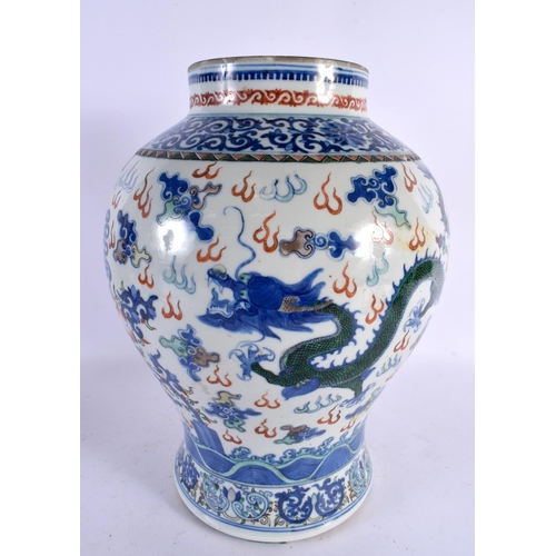 109 - A LARGE 19TH CENTURY CHINESE FAMILLE VERTE BLUE AND WHITE BALUSTER VASE bearing Qianlong marks to ba... 