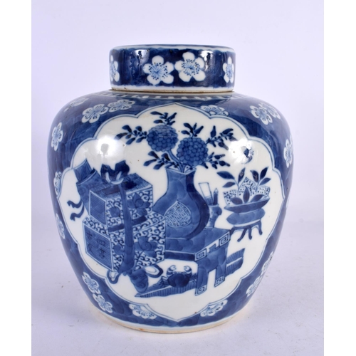 119 - A 19TH CENTURY CHINESE BLUE AND WHITE PORCELAIN GINGER JAR AND COVER Kangxi style. 20 cm x 14 cm.