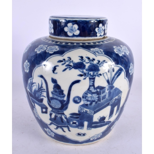 119 - A 19TH CENTURY CHINESE BLUE AND WHITE PORCELAIN GINGER JAR AND COVER Kangxi style. 20 cm x 14 cm.