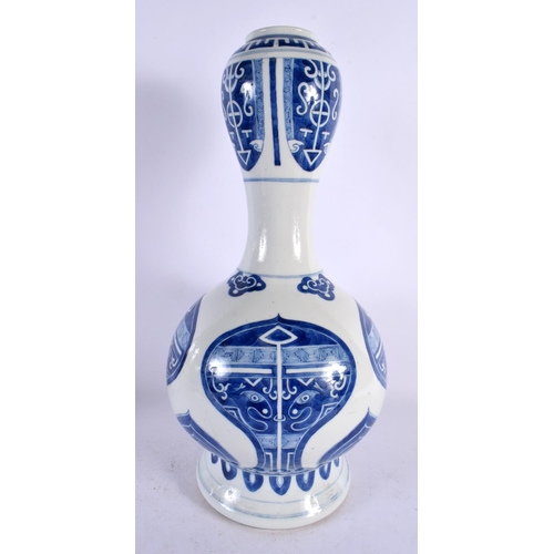 123 - A LARGE 19TH CENTURY CHINESE BLUE AND WHITE GARLIC NECK VASE bearing Kangxi marks to base, painted w... 