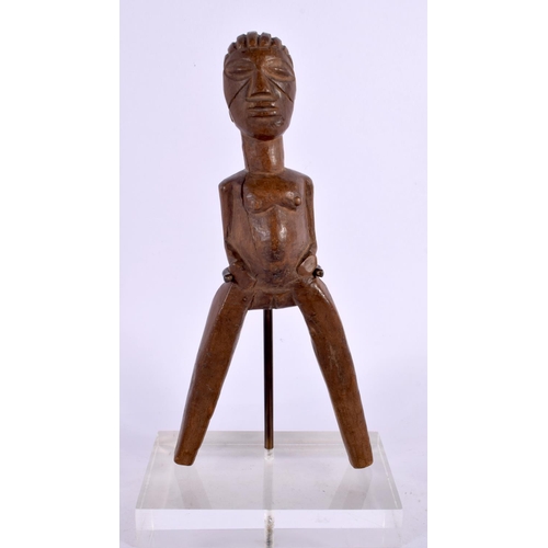 124 - A RARE AFRICAN TRIBAL CARVED WOOD SLINGSHOT formed as a figure. 20 cm x 8 cm.