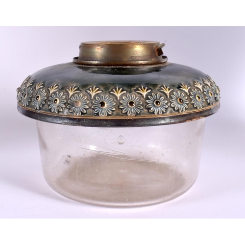 13 - A LARGE ANTIQUE DOULTON STONEWARE OIL LAMP decorated with flowers and motifs. 54 cm x 12 cm.