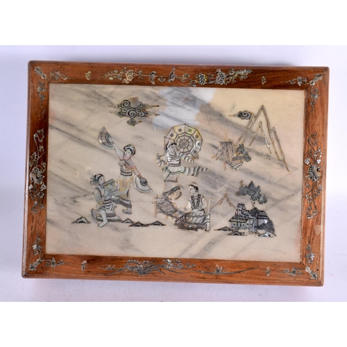 136 - A LATE 19TH CENTURY CHINESE VIETNAMESE MOTHER OF PEARL INLAID HARDWOOD STAND depicting figures in la... 