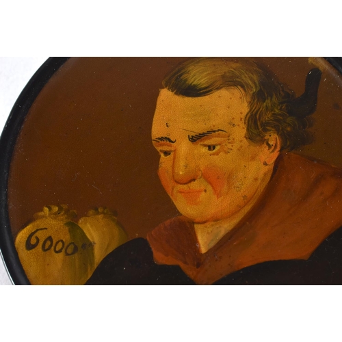 141 - A 19TH CENTURY GERMAN PAPIER MACHE LACQUER SNUFF BOX AND COVER painted with a female. 9 cm diameter.