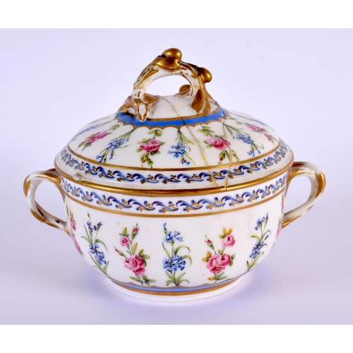 143 - Sevres twin handled sugar bowl and cover with alternating blue and pink floral sprays interlaced Ls... 