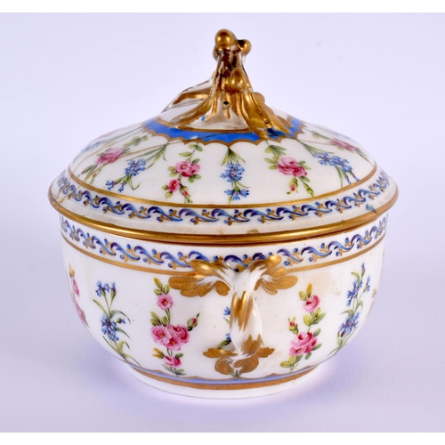 143 - Sevres twin handled sugar bowl and cover with alternating blue and pink floral sprays interlaced Ls... 