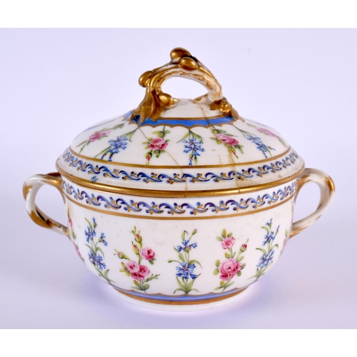 143 - Sevres twin handled sugar bowl and cover with alternating blue and pink floral sprays interlaced Ls... 