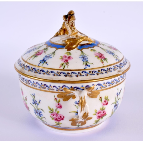 143 - Sevres twin handled sugar bowl and cover with alternating blue and pink floral sprays interlaced Ls... 