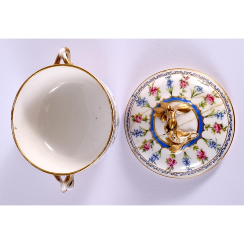 143 - Sevres twin handled sugar bowl and cover with alternating blue and pink floral sprays interlaced Ls... 