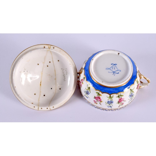 143 - Sevres twin handled sugar bowl and cover with alternating blue and pink floral sprays interlaced Ls... 