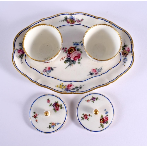 144 - Sevres tray with two pots and covers painted with flowers and two blue lines.  24.5cm wide