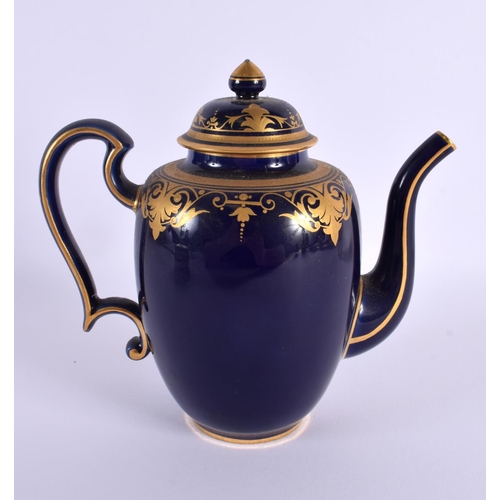 146 - Sevres teapot and cover with gilded decoration on a cobalt blue ground, marked S70 in green, Dore a ... 