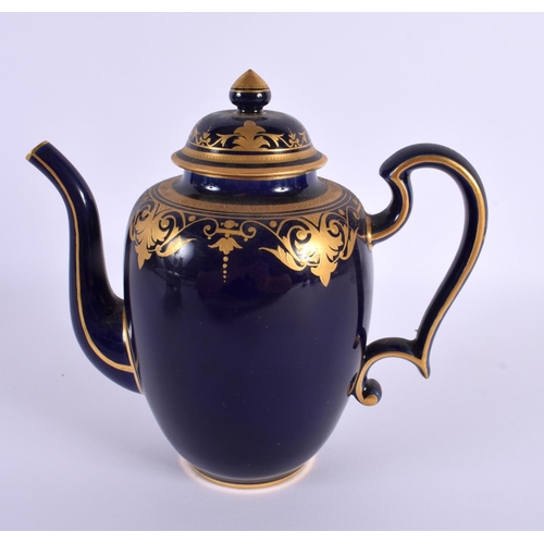 146 - Sevres teapot and cover with gilded decoration on a cobalt blue ground, marked S70 in green, Dore a ... 