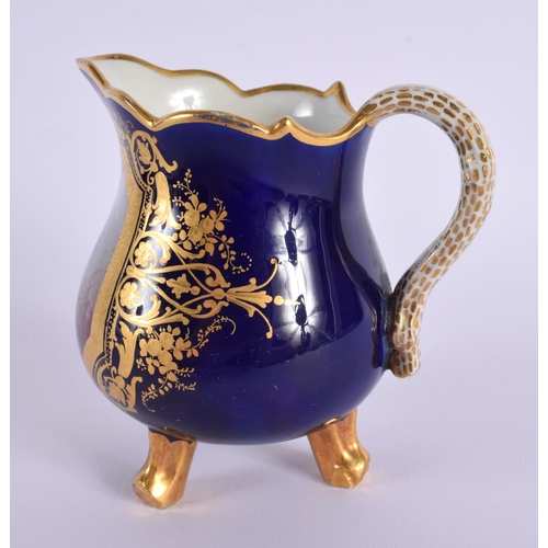 148 - Sevres three footed cream jug painted with a watteauesque type scene, small interlaced Ls mark to f... 