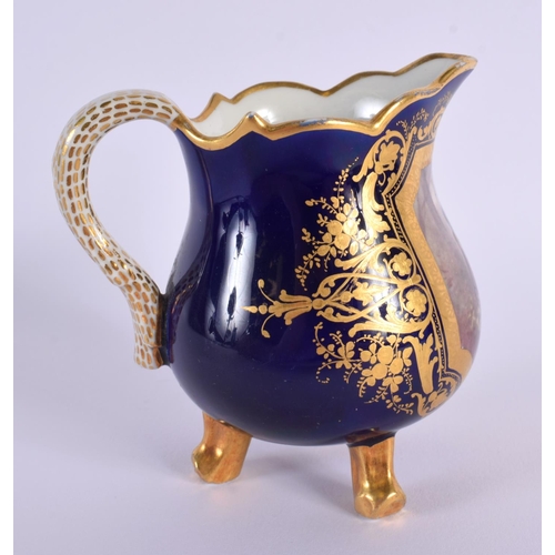 148 - Sevres three footed cream jug painted with a watteauesque type scene, small interlaced Ls mark to f... 