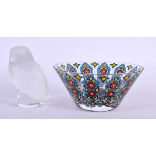 15 - A FRENCH LALIQUE GLASS OWL together with an enamelled Lobmeyr style bowl. Largest 13 cm diameter. (2... 