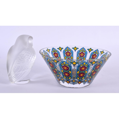 15 - A FRENCH LALIQUE GLASS OWL together with an enamelled Lobmeyr style bowl. Largest 13 cm diameter. (2... 