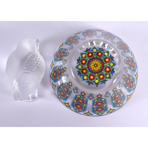 15 - A FRENCH LALIQUE GLASS OWL together with an enamelled Lobmeyr style bowl. Largest 13 cm diameter. (2... 