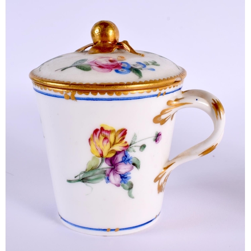 151 - Serves chocolate cup cover and trembleuse stand painted with flowers, interlaced Ls  cc & vt marks.... 