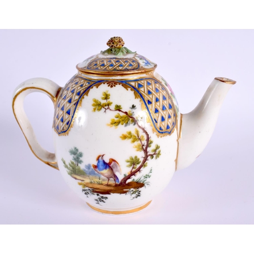 156 - Sevres teapot and cover painted with a bird in landscape in the style of Oncle, surrounded by panels... 