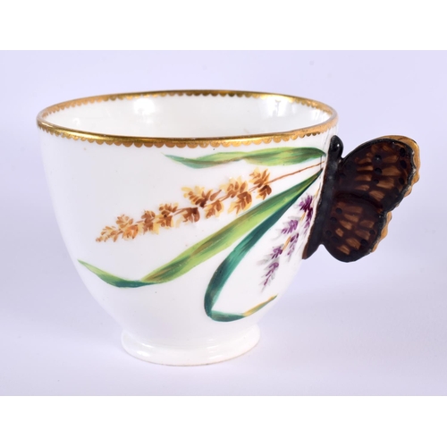 167 - 19th century English porcelain cup with butterfly handle and saucer, probably Minton, indistinct imp... 