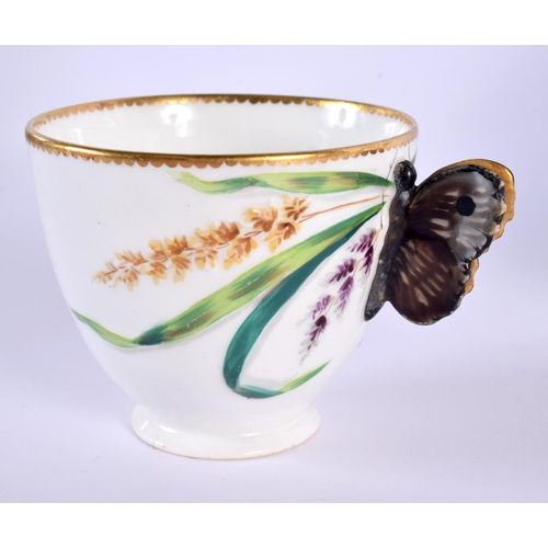 177 - 19th century English porcelain cup with butterfly handle and saucer, probably Minton, indistinct imp... 