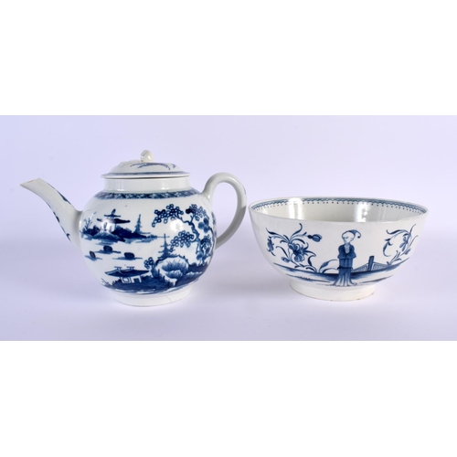 180 - 18th century Worcester bowl painted with the Waiting Chinaman and a Worcester teapot painted with th... 