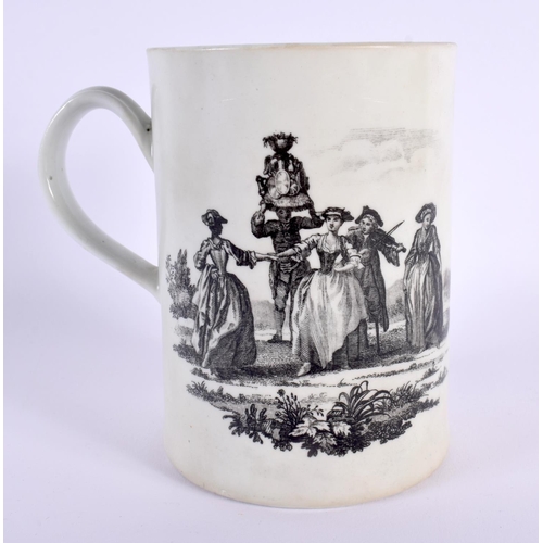 182 - 18th century Worcester mug printed with Mayday and Milkmaids.  12cm high