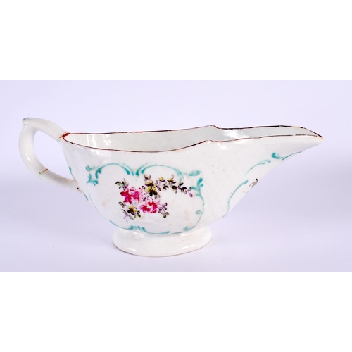 183 - 18th century Derby sauceboat moulded and painted with flowers in a panel.  7cm high