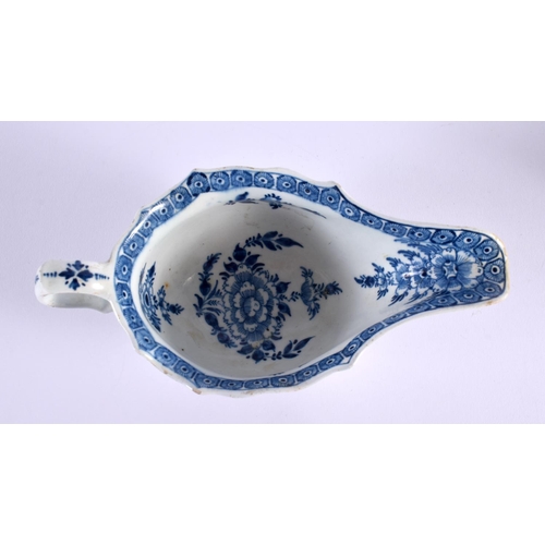 184 - 18th century rare Bow sauceboat moulded and painted with oriental figures in blue.  7.5cm high