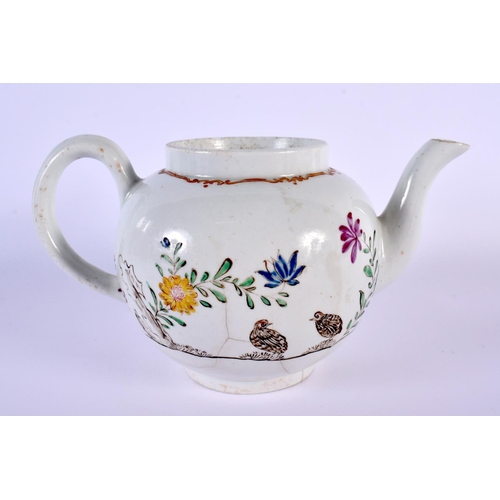 185 - 18th century Worcester teapot painted with a rare version of the Two Quail pattern.  10cm high