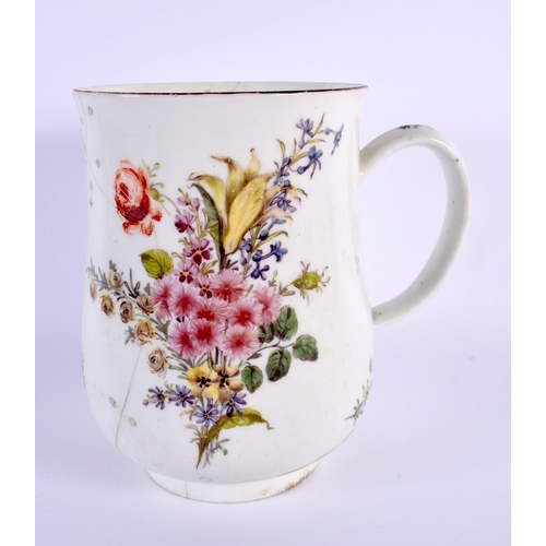 186 - 18th century Chelsea baluster shaped mug painted with Meissen style flowers, red anchor mark.  14.5c... 