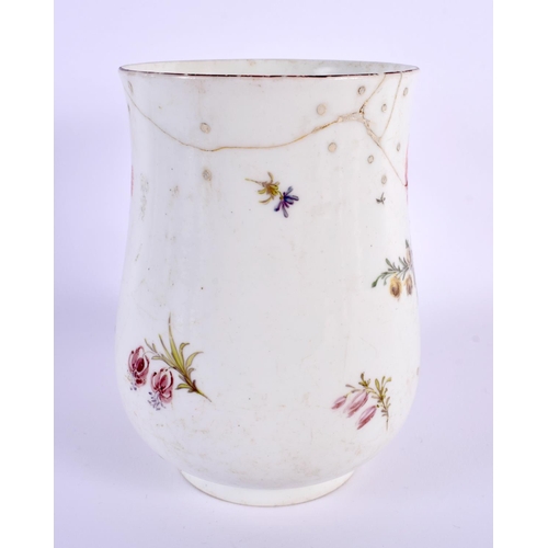 186 - 18th century Chelsea baluster shaped mug painted with Meissen style flowers, red anchor mark.  14.5c... 