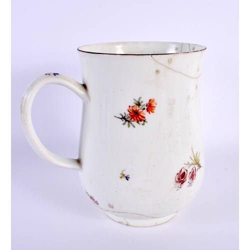 186 - 18th century Chelsea baluster shaped mug painted with Meissen style flowers, red anchor mark.  14.5c... 