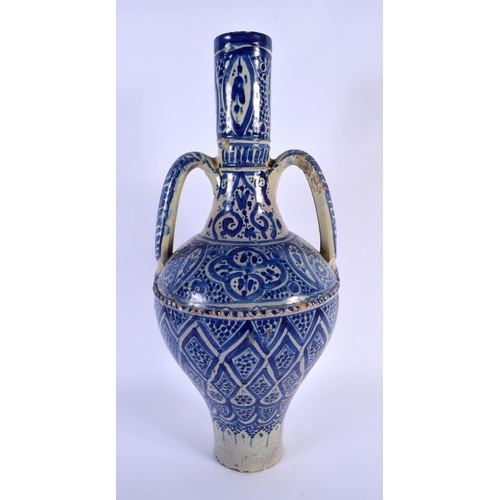 19 - A LARGE 19TH CENTURY MIDDLE EASTERN TWIN HANDLED POTTERY VASE together with a pottery tile. Largest ... 