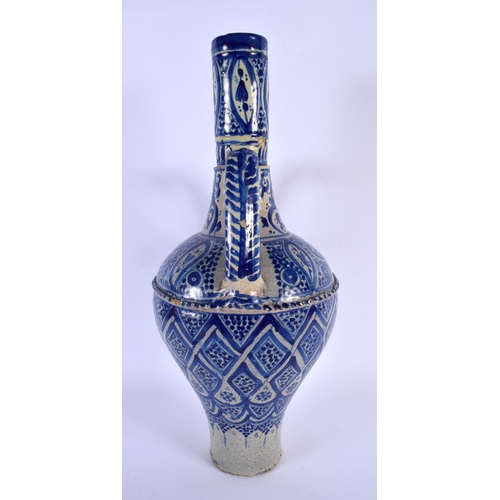 19 - A LARGE 19TH CENTURY MIDDLE EASTERN TWIN HANDLED POTTERY VASE together with a pottery tile. Largest ... 