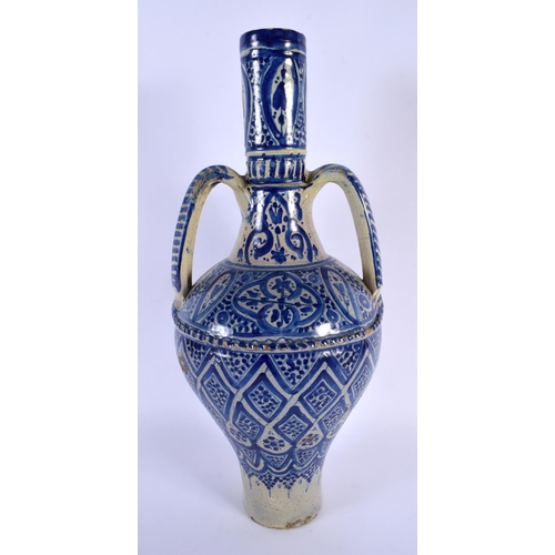 19 - A LARGE 19TH CENTURY MIDDLE EASTERN TWIN HANDLED POTTERY VASE together with a pottery tile. Largest ... 