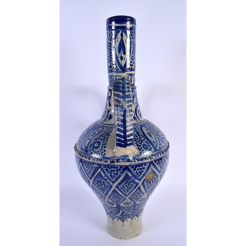 19 - A LARGE 19TH CENTURY MIDDLE EASTERN TWIN HANDLED POTTERY VASE together with a pottery tile. Largest ... 