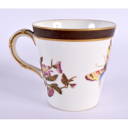 199 - Royal Worcester conical cup and saucer painted in Japanese style with butterfies and prunus blossom ... 