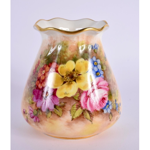 201 - Royal Worcester pie crust rimmed vase well painted with flowers by Freeman, signed, date mark 1952. ... 