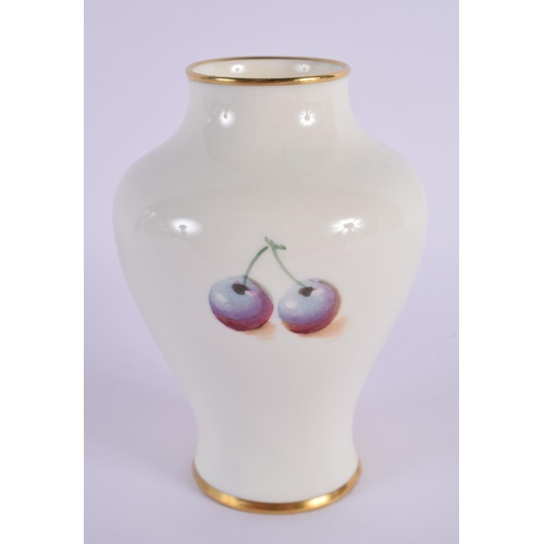 202 - Royal Worcester baluster vase well painted with fruit by Roberts, signed, black mark.  10.5cm high