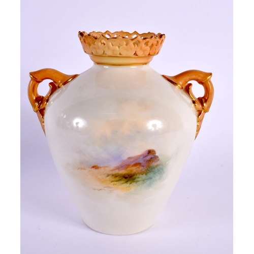 203 - Royal Worcester two handled vase with reticulate rim painted with sheep by Harry Davis, signed H. Da... 