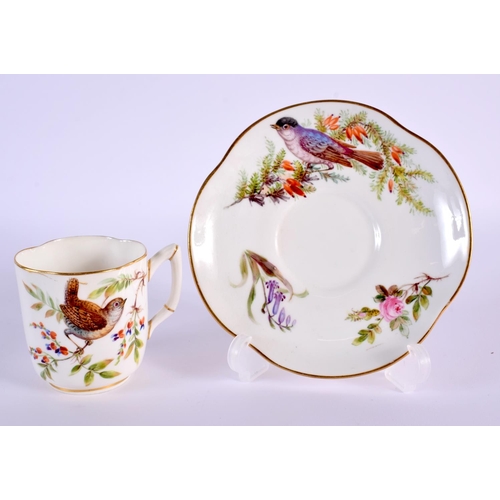 206 - Royal Worcester coffee cup and saucer of lobed square shape painted with naturalistic birds by John ... 