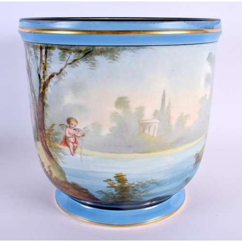 21 - A 19TH CENTURY FRENCH PARIS PORCELAIN SEVRES STYLE JARDINIERE painted with putti and animals. 20 cm ... 