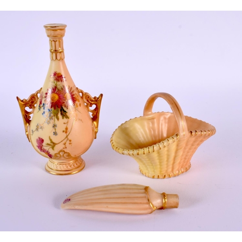 212 - Royal Worcester rare miniature blush ivory vase with two handles painted with flowers on a blush ivo... 