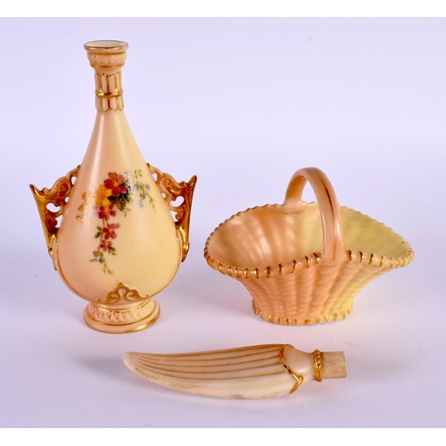 212 - Royal Worcester rare miniature blush ivory vase with two handles painted with flowers on a blush ivo... 