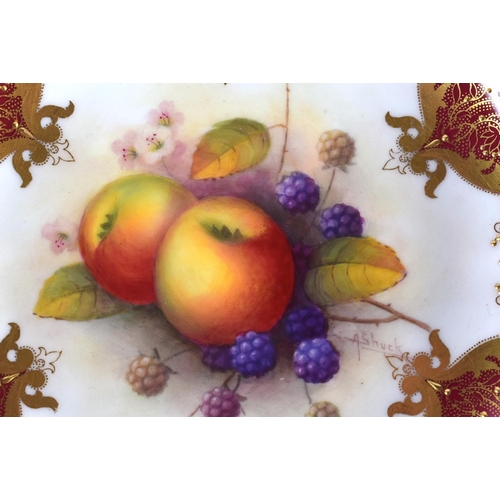 229 - Royal Worcester deep dish painted with fruit under a criimson and gilt border by A. Shuck, signed, d... 