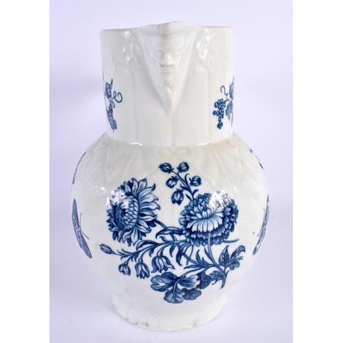 243 - 18th century Worcester large mask jug cabbage leaf moulded, printed with Natural Sprays.  22cm high