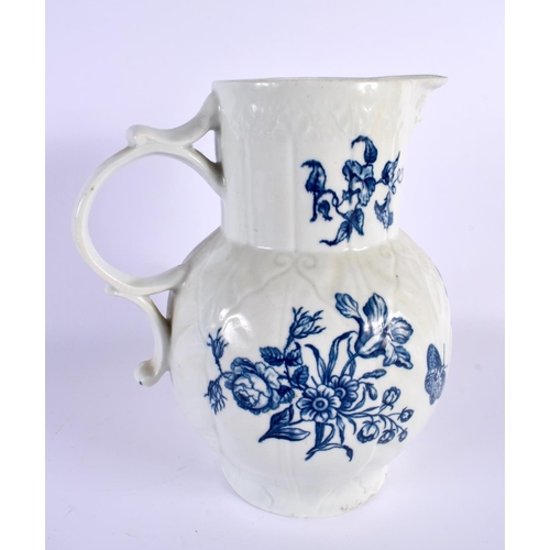 243 - 18th century Worcester large mask jug cabbage leaf moulded, printed with Natural Sprays.  22cm high